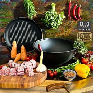 Казан чугунный узбекский 15 л WOK с крышкой сковородой-гриль "Наша Майстерня"