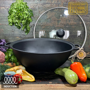 Казан чугунный узбекский 8 л WOK со стеклянной крышкой "Наша Майстерня"